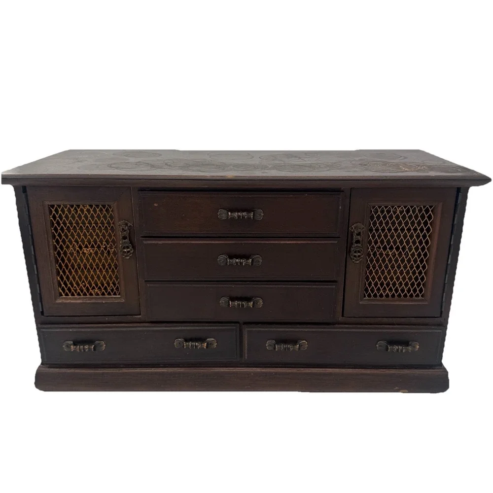 Vintage Japanese Wood‎ Jewelry Box Chest 9 Drawer MCM Teal Velvet Lined Japan
